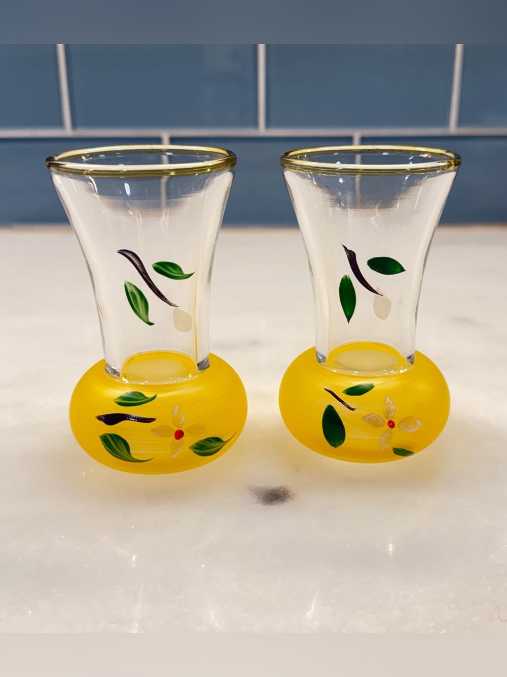 Vintage Hand Painted Glass Bud Vases Pair Yellow Floral Gold Rim 4"